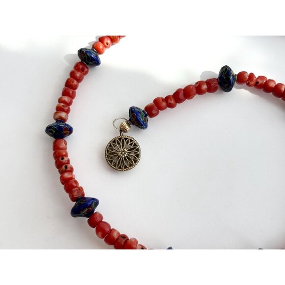 Coral & Blue Cloisonne Floral Beaded Vintage Sterling Silver 925 Necklace 15.5" - Picture 4 of 10